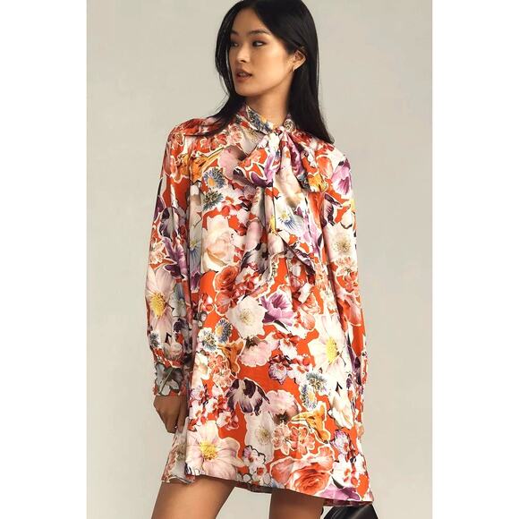 New Anthropologie Maeve Tie-Neck Floral Mini Dress $198 SMALL Pink Motif - Picture 1 of 8